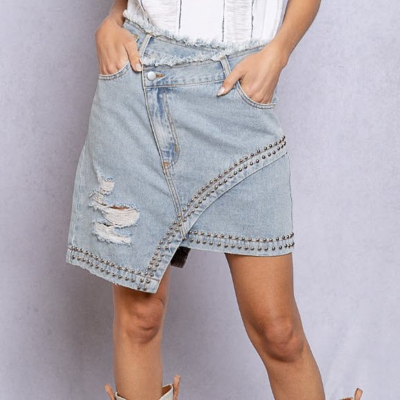 Retro Distressed POL Denim Skirt with Metal Studs - Picture 4 of 16